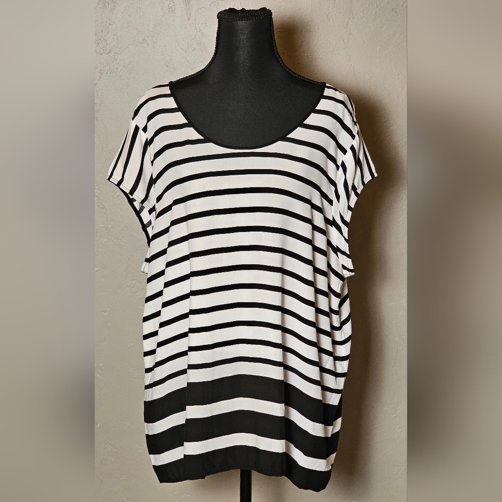 [GAP] Cap Sleeves Black&White Stripes Blouse Silk Blend 《XXL》